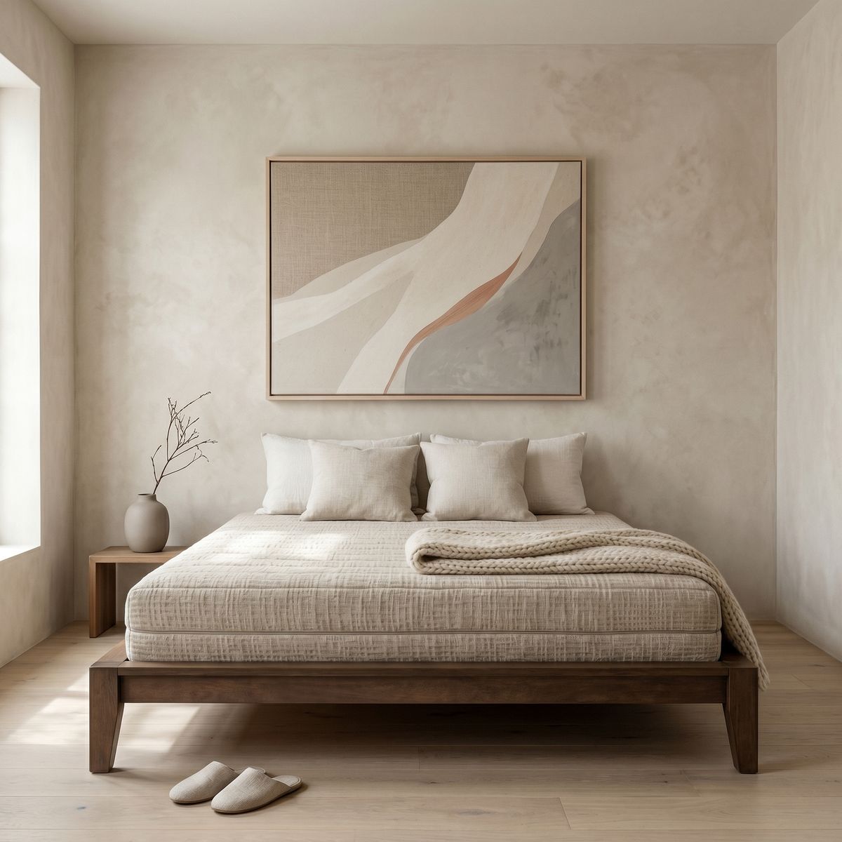A low wooden bed frame in a calm bedroom